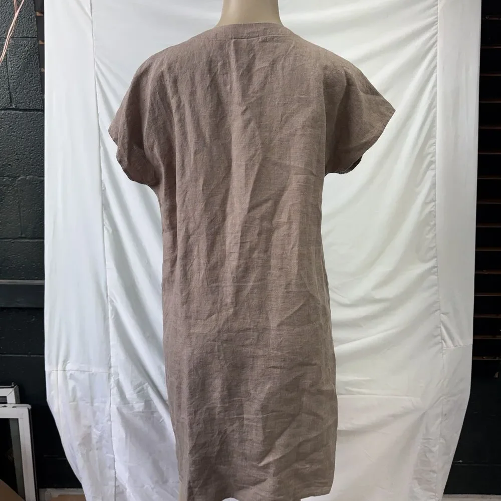 J.Jill 100% Linen Button Front Mini Short Sleeve Dress Tan size Medium - Picture 5 of 9